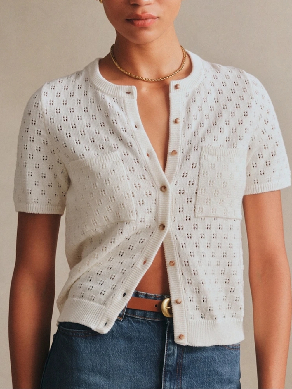 Sezane Nans Cardigan Short Sleeve Cream Open Knit